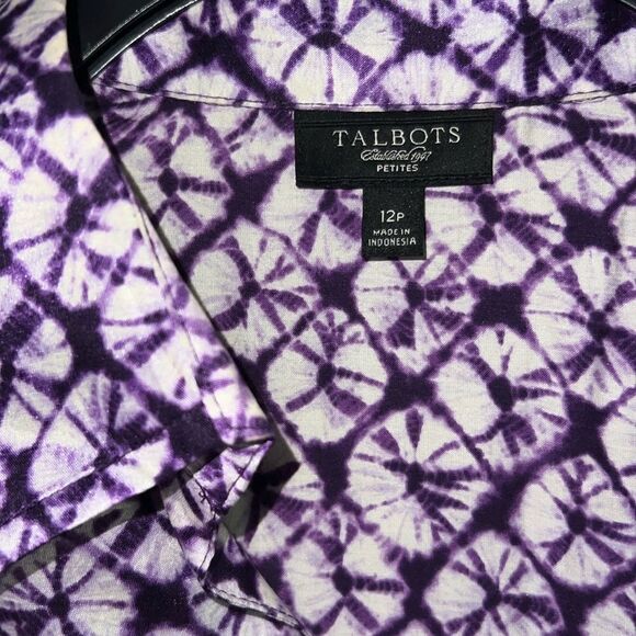 Talbots Blouse Women’s Petites Size 12P Purple White Silk Blend Top Roll tab - Picture 6 of 8